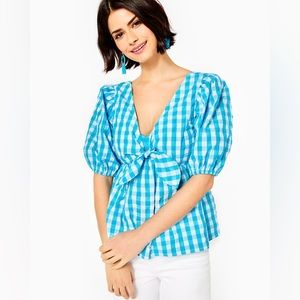 Lilly Pulitzer Sarafina Turquoise oasis Crinkle Gingham Babydoll Top sz 4 010372